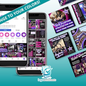 Peut inclure: Deux smartphones affichant du contenu de médias sociaux, avec une bannière indiquant "CHANGE TO YOUR COLORS!". Plusieurs flyers avec des graphiques de cheerleading sont également visibles. Les flyers contiennent du texte tel que "NOW ACCEPTING ATHLETES" et "FLYER FLEX CLASS".