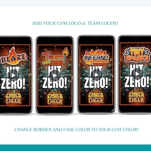 May include: Four phone screen mockups with a black background and a red, orange, and yellow design. The text on the screens reads "Hit Zero!" with the words "Ember Cheer" below. Each screen features a different team name: "Blaze", "Ignite", "Inferno", and "Tiny Sparks".