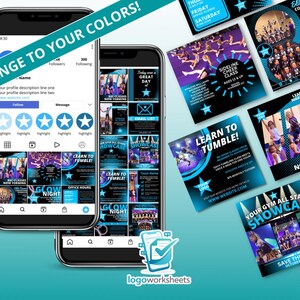 Peut inclure: Une conception graphique promotionnelle en teal et noir. La conception comprend des maquettes de médias sociaux, des flyers et le texte "CHANGE TO YOUR COLORS!" et "LEARN TO TUMBLE!". La conception est pour une salle de cheerleading.