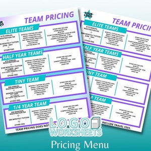 Peut inclure: Un menu de prix coloré pour une équipe de danse. Le menu liste différentes options d'équipe, y compris les équipes Elite, Demi-année, Tiny et 1/4 année. Chaque option d'équipe comprend une ventilation des frais d'inscription annuels, des frais de scolarité mensuels et d'autres frais. Le menu comprend également une liste de ce qui est inclus dans les frais de scolarité mensuels, tels que les entraînements hebdomadaires de l'équipe, les entraînements supplémentaires de l'équipe, les t-shirts d'entraînement, la chorégraphie et les frais des entraîneurs.