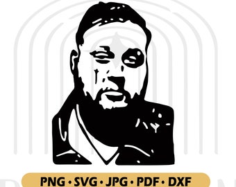 May include: Black and white silhouette of a man with a beard and a serious expression. The man is wearing a jacket and has a short haircut.