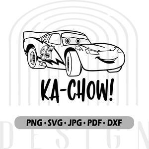 May include: Black and white line art illustration of a cartoon race car with the number 95 on the side and the words "KA-CHOW!" below. The car has a smiling face and is driving towards the viewer. The text "PNG. SVG. JPG. PDF. DXF" is below the car.
