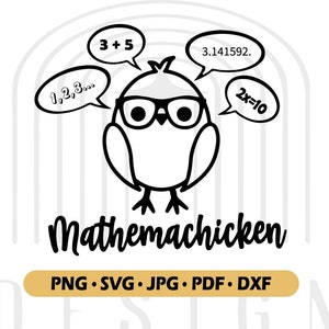 May include: A black and white illustration of a cartoon chicken wearing glasses and thinking about math equations. The chicken is surrounded by thought bubbles containing the equations "3+5", "1,2,3...", "3.141592.", and "2x=10". The text "Mathemachicken" is below the chicken. The text "PNG.SVG.JPG.PDF.DXF" is below the text "Mathemachicken".