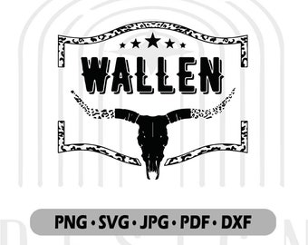 May include: Black and white graphic design featuring a skull with horns and the word "WALLEN" in a banner with a leopard print pattern.