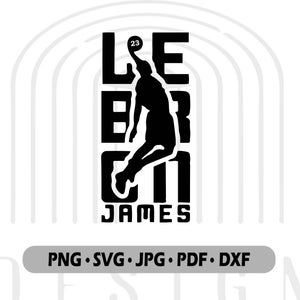 May include: Black and white silhouette of a basketball player dunking with the text "LEBRON JAMES" and the number "23" on the basketball.