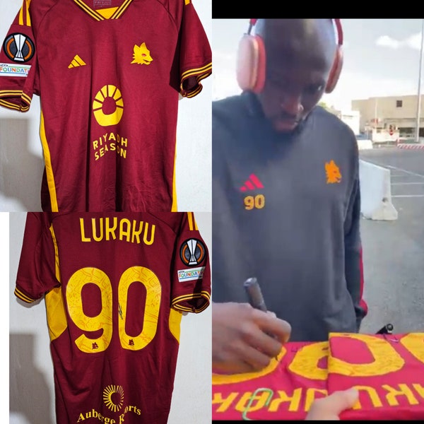 As Roma voetbal Europa League 2023 2024 shirt gesigneerd door Lukaku met videobewijs