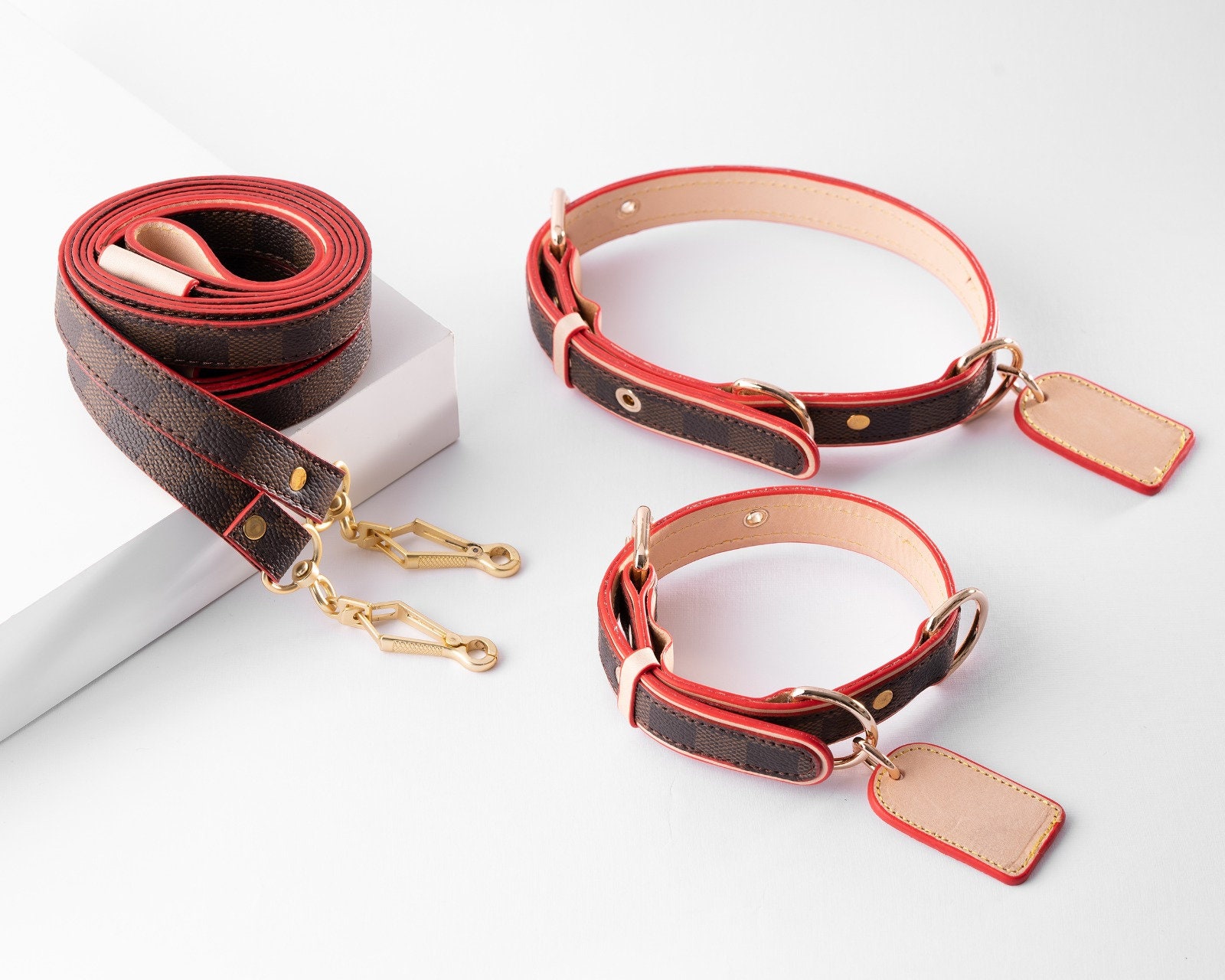 Red - Luxury Designer Monogram Empreinte Leather Dog Collar