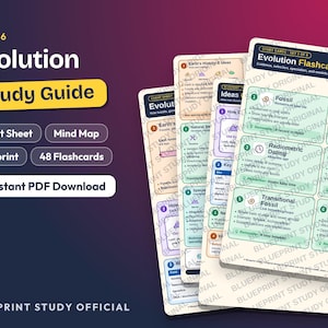 Op de afbeelding: Een digitale studiegids voor Unit 6 Evolutie, met een spiekbriefje, mindmap, blauwdruk en 48 flashcards. De materialen bevatten tekst over fossielen, radiometrische datering en geologische tijd, gepresenteerd in een overzichtelijke lay-out.