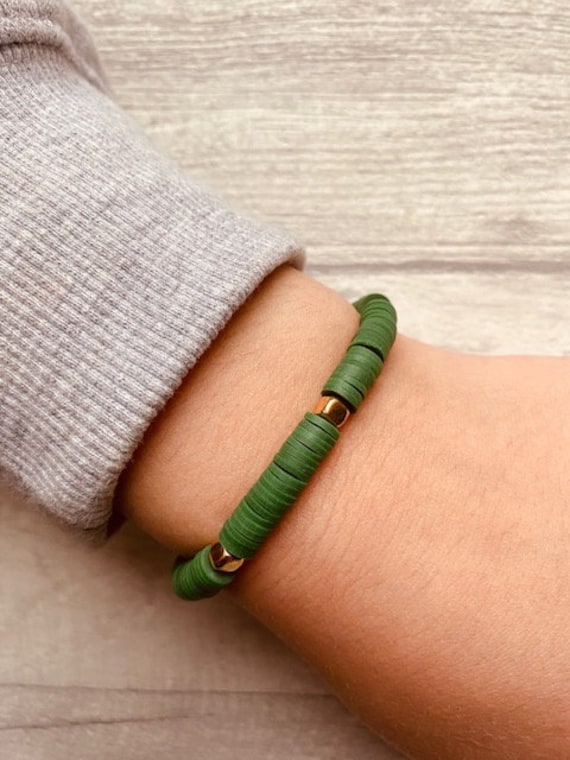 Children's Stretchy Dark Green Clay Bead Bracelet, Preppy Bracelets, Advent  Calendar fillers, Aesthetic Bracelets, Heishi Bead Bracelets