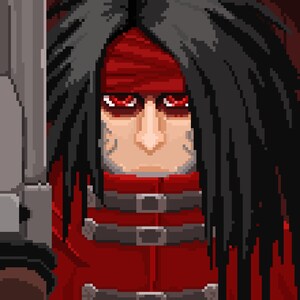 May include: A pixelated illustration of a character with long black hair, a red headband, and a red jacket with black buckles. The character has red eyes and a serious expression.