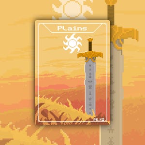 May include: A pixelated illustration of a card labeled "Plains" with a sword design. The card features a sun graphic and a landscape in shades of orange and yellow. A larger sword is visible to the right.