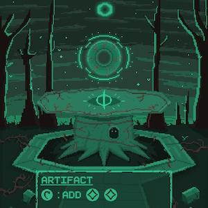 May include: A green pixel art illustration of a magic item called "Sol Ring". The ring is on a stone pedestal in a dark forest. The text "ARTIFACT" and "C: ADD" are visible on the card.