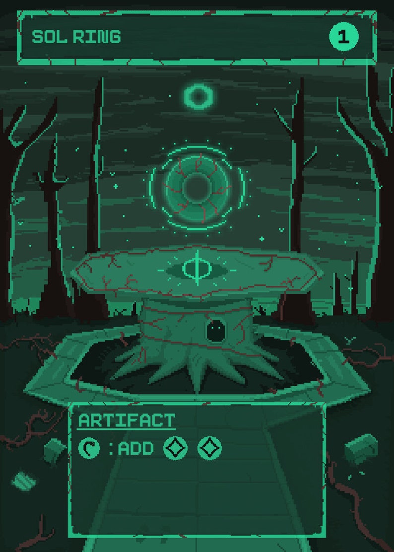 May include: A green pixel art illustration of a magic item called "Sol Ring". The ring is on a stone pedestal in a dark forest. The text "ARTIFACT" and "C: ADD" are visible on the card.