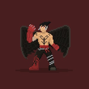 Puede incluir: Una ilustración de arte de píxeles de un personaje con alas negras, brazos rojos y un atuendo negro y rojo. El personaje tiene un tatuaje en blanco y negro en el pecho y está de pie con el brazo derecho levantado.