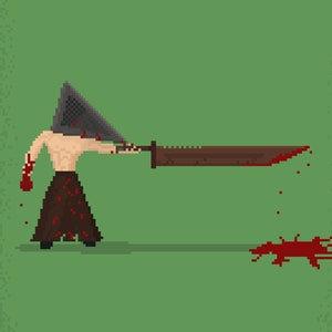 Puede incluir: Una ilustración de arte de píxeles de un personaje que lleva una cubierta de cabeza gris puntiaguda y sostiene una gran cuchilla dentada marrón. El personaje está de pie sobre un fondo verde con salpicaduras de sangre roja en el suelo.