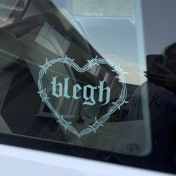 White ‘Blegh’ barbed wire heart window car sticker