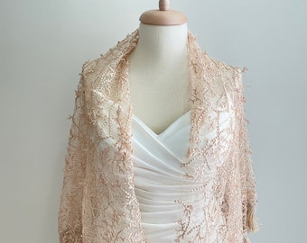 Bridal Shawl, Champagne Lace Shawl, Wedding Shawl, Fringe Bridal Wrap, Lace Cover Up, Beige Triangular Shawl, Wedding, Mother of Bride Shawl