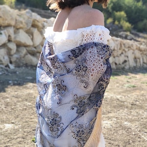 Blue Sequined Wedding Shawl Fringe, Wedding Lace Shawl, Wrap Evening Scarves, Fringe Cover Up, Lace Shawl For Wedding, Mother of Bride Stole
