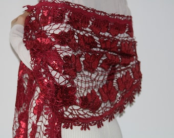 Bridal Red Lace Cover Up, Lace Cover up for Wedding, French Lace Scarves, Hand Knitted Shawl, Embroidered Shawl, Bride lace shawls and wraps