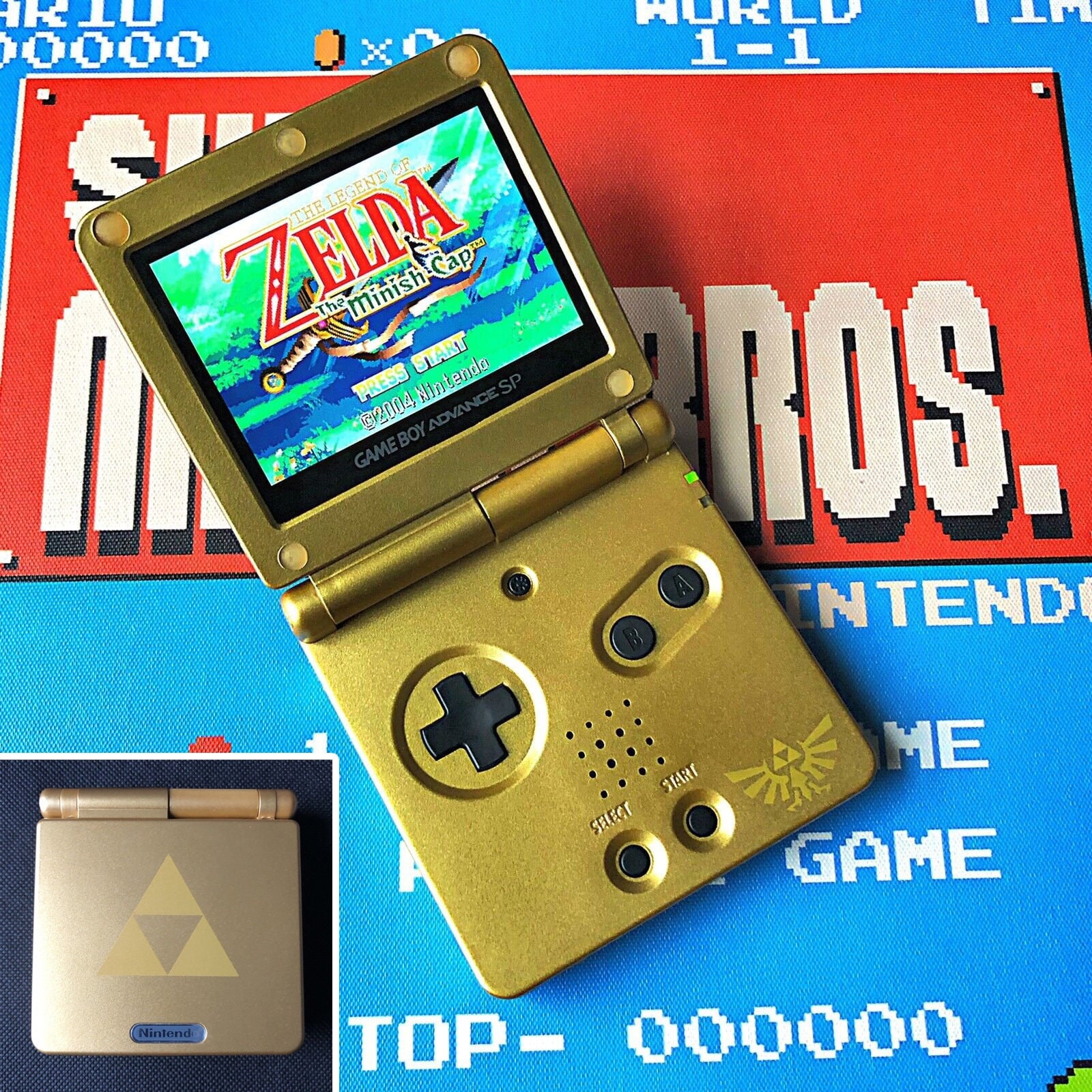 Console Nintendo Gameboy Advance SP Zelda Gold Triforce Edition Refurbished  With IPS V2 Ags-101 Backlit Screen 