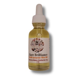 May include: A clear glass bottle with a dropper top filled with a yellow liquid. The bottle has a white label with the text "ELOISE NATURALS" and "Bare Brilliance Multi-purpose Skin Oil" in black text. The label also includes the text "Made by Nature. Crafted for You. 2 oz."