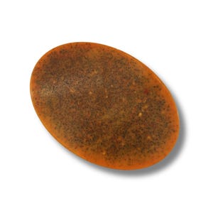 May include: An oval-shaped bar of soap with a translucent orange base and a dense, dark brown speckled texture throughout. The surface appears smooth and solid, featuring a consistent distribution of small, dark particles embedded within the orange material.