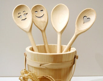 Ensemble de 4 grande cuillères avec sourires, gadgets de cuisine, bois de hêtre, pour la pâtisserie, ovale, smiley, ustensiles de cuisine