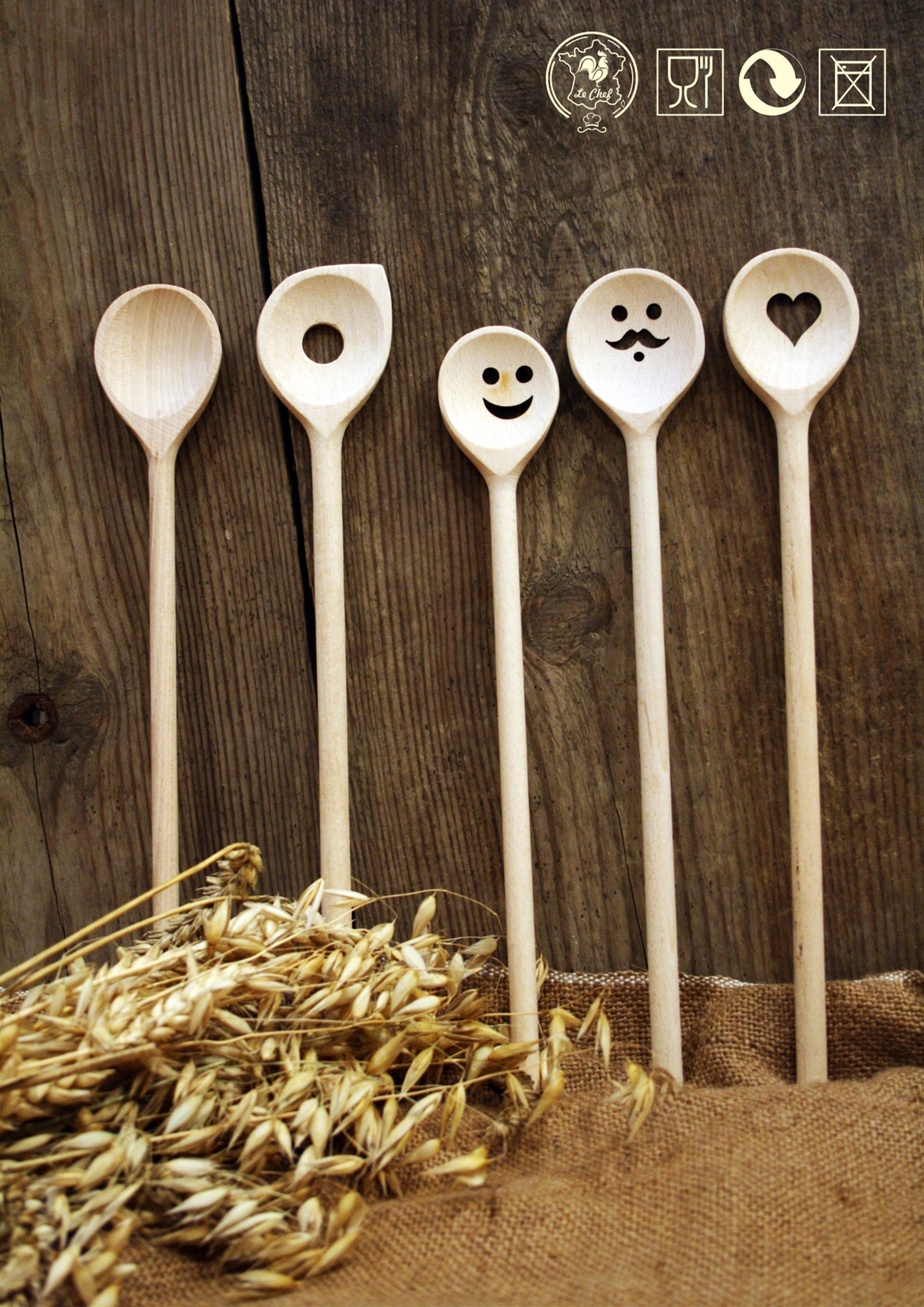 Lot de 5 Cuillère en Bois Hêtre, Pour La Cuisine et Pâtisserie, Sourire, Ovale, Smiley, Fun, Anti-Ra