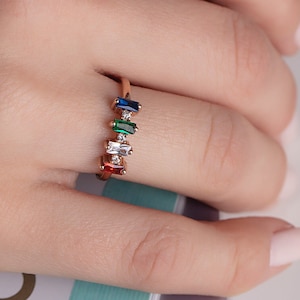 Baguette Shaped Birthstone Rings, Mothers Birthstone Jewelry, Family Initial Birthstone Ring, Birthday Gift For Grandmas, Best Gifts For Mom