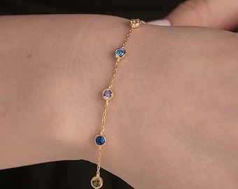 14K Solid Gold Spaced Birthstone Bracelets, Personalized Jewelry, Family Birthstone Bracelet For Mothers, Birthday Gifts, Best Gifts For Mom
