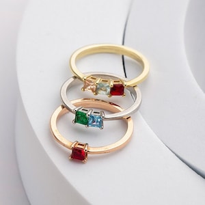 Dainty Princess Cut Gemstone Ring, 14K Gold Initial Birthstone Rings, Customize Gift, Silver Birthstone Jewelry For Mom, Best Gifts For Mom