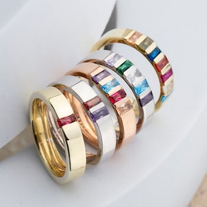 14K Solid Gold Initial Birthstone Rings, Personalized Gifts, Custom Baguette Birthstone Bands, Family Ring For Grandmas, Best Gifts For Mom