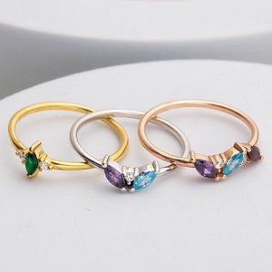 Anello multi-pietra portafortuna in oro 14 carati, anello di famiglia con pietra preziosa Marquise