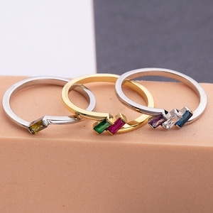Initial Multi Birthstone Rings, 14K Gold Baguette Birthstone Ring, Personalize Gift, Customized Family Ring For Mothers, Best Gifts For Mom