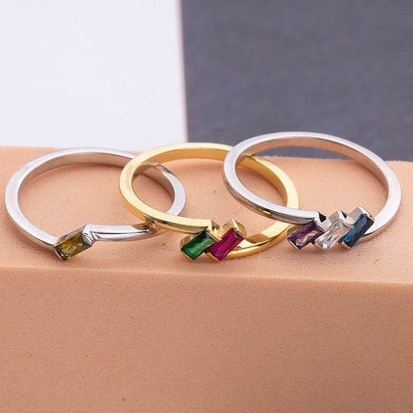 Initial Multi Birthstone Rings, 14K Gold Baguette Birthstone Ring, Personalize Gift, Customized Family Ring For Mothers, Mother's Day Gifts