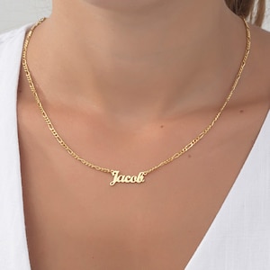 18K Dainty Name Necklace, 14K Solid Gold Name Pendant With Figaro Chain, Birthday Gifts, Custom Gifts For Mom, Best Gifts For Mom