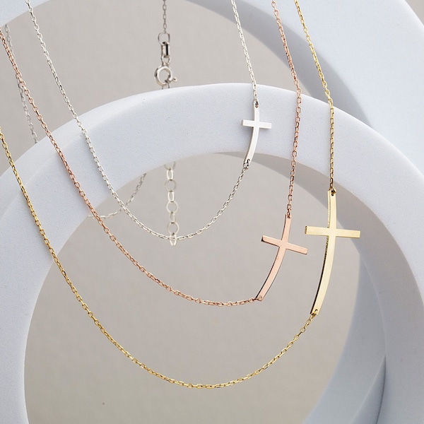 14K Solid Gold Cross Necklace, Sideways Curve Cross Necklaces, 18K Crucifix Pendants, Religious Necklace For Godmothers, Mother's Day Gifts