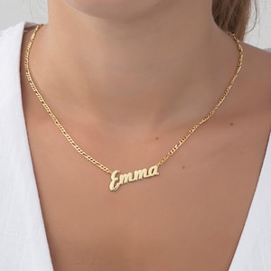 18K Gold Name Tag Necklace, 14K Name Pendant With Figaro Chain Necklace, Custom Gifts , Gift For Her,  For Women Best Gifts For Mom