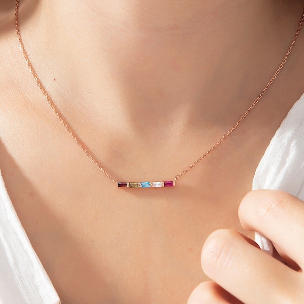 Silver Baguette Birthstone Bar Necklace, 14K Gold Birthstone Family Necklace For Mothers, Personalized Gift For Grandma, Mother's Day Gifts