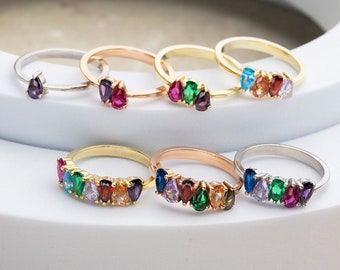 14K Gold Pear Shape Birthstone Ring, Personalized Gift For Mother, Gift For Her, Silver Multiple Family Birthstone Ring, Best Gifts For Mom