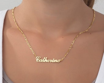 18K Gold Name Necklace, Figaro Chain Name Necklace, Anniversary Gifts For Wife, Silver Name Pendant, Personalized Gifts, Best Gifts For Mom
