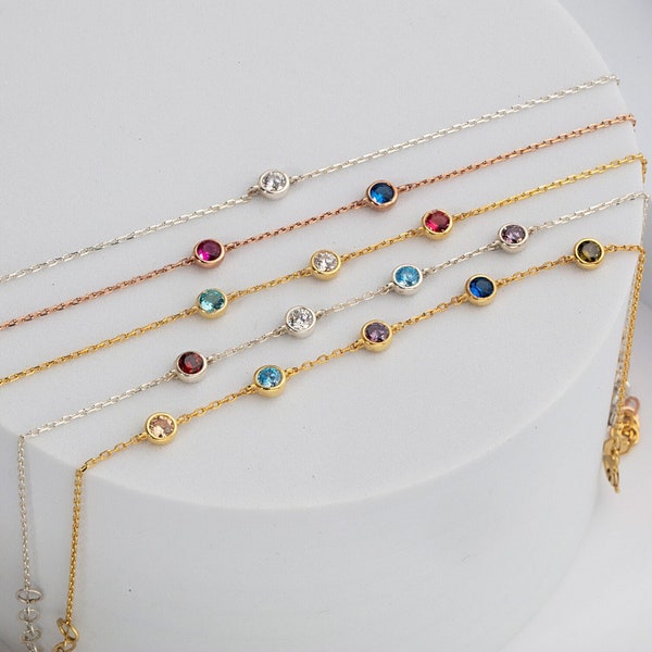 14K Gold Spaced Birthstone Bracelet, Personalized Birthstone Jewelry, Multi Birthstone Bracelet, Family Gift For Mother, Mother's Day Gifts