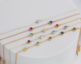 14K Spaced Birthstone Bracelet, Csutom Meaningful Gift, Solid Gold Multi Birthstone Bracelets, Family Gifts For Mothers, Mother's Day Gifts