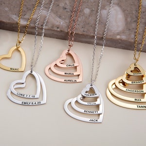 14K Gold Family Name Necklace, Birthday Gift For Mom, Silver Multiple Heart Name Pendant, Personalized Gift For Grandma, Best Gifts For Mom
