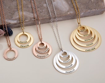 Silver Multi Family Name Necklaces, Name Engraved Circle Pendants, 14K Gold Name Necklaces, Personalized Gifts For Her, Best Gifts For Mom