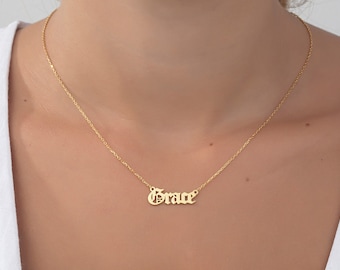 18K Gold Old English Font Name Necklace, 14K Gold Gothic Style Name Pendants, Customized Necklaces, Moms Gift, Best Gifts For Mom