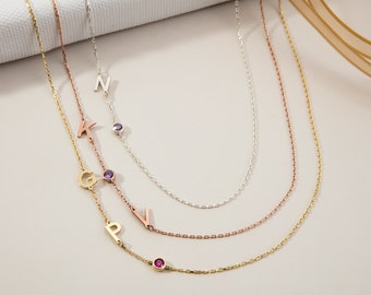 14K Gold Sideways Letter Birthstone Necklaces, 18K Initial Pendants, Birthstone Jewelry, Personalized Gifts For Mothers, Best Gifts For Mom