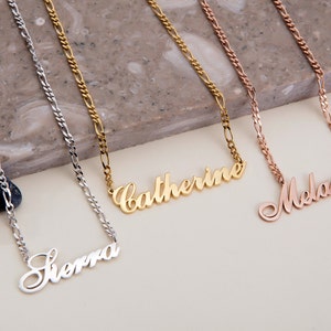 Sterling Silver Dainty Custom Name Necklace, 14K Gold Plated Name Pendant With Figaro Chain, Personalized Birthday Gift, Best Gifts For Mom