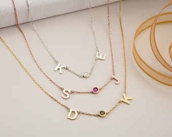 Silver Letter Birthstone Necklaces, 14K Gold Name Initial Necklaces, Gifts For Mothers, Personalized Birthstone Jewelry, Best Gifts For Mom