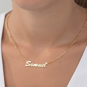 14K Gold Customized Name Pendants, 18K Solid Gold Name Plate With Figaro Chain Necklace, Necklace For Mothers, Best Gifts For Mom